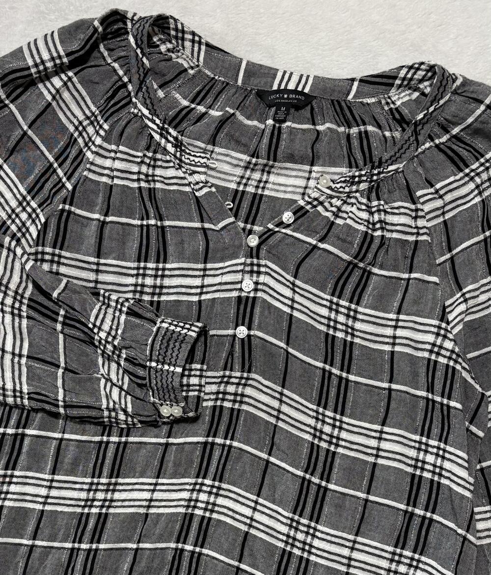 OLD Lucky Brand Blouse Womens Medium Grey Plaid Long Sleeve Embroidered Henley
